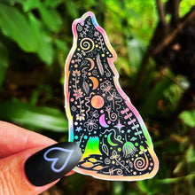 Load image into Gallery viewer, Wolf Holographic Sticker. Sun And Moon Sticker. Witchy Sticker. Laptop Sticker. Wolf Howling Sticker. High quality Trippy Sticker