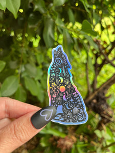 Wolf Holographic Sticker. Sun And Moon Sticker. Witchy Sticker. Laptop Sticker. Wolf Howling Sticker. High quality Trippy Sticker