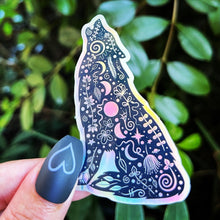 Load image into Gallery viewer, Wolf Holographic Sticker. Sun And Moon Sticker. Witchy Sticker. Laptop Sticker. Wolf Howling Sticker. High quality Trippy Sticker