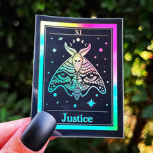 Load image into Gallery viewer, Justice Tarot Card Holographic Sticker. Waterproof Stickers. High quality Trippy Stickers. Laptop Sticker.