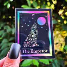 Load image into Gallery viewer, The Emperor Tarot Card Holographic Sticker. Waterproof Stickers. High quality Trippy Stickers. Laptop Sticker.