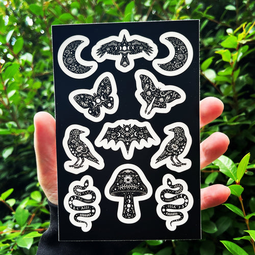 Sticker Sheet. Mini Stickers. Mystical Creatures. Cute Black And White Animal Stickers.