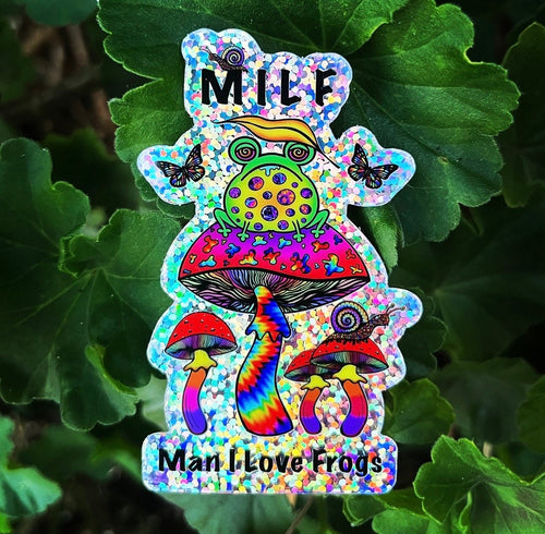 MILF Sticker. Man I Love Frogs Sticker. Glitter Frog And Mushroom Vinyl Sticker. Funny Sticker. Cute Frog.