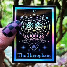 Load image into Gallery viewer, The Hierophant Tarot Card Holographic Sticker. Owl Sticker. Waterproof Stickers. High quality Trippy Stickers. Laptop Sticker.