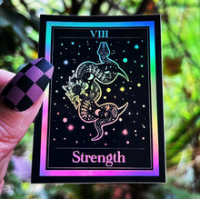 Load image into Gallery viewer, Strength Tarot Card Holographic Sticker. Snake Sticker.  Waterproof Stickers. High quality Trippy Stickers. Laptop Sticker.