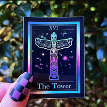 Load image into Gallery viewer, The Tower Tarot Card Holographic Sticker. Alien Totem Pole Sticker. Waterproof Stickers. High quality