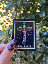 Load image into Gallery viewer, The Tower Tarot Card Holographic Sticker. Alien Totem Pole Sticker. Waterproof Stickers. High quality