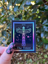 Load image into Gallery viewer, The Tower Tarot Card Holographic Sticker. Alien Totem Pole Sticker. Waterproof Stickers. High quality