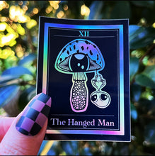 Load image into Gallery viewer, The Hanged Man Tarot Card Holographic Sticker. Mushroom Alien Sticker. Waterproof Stickers. High quality Trippy Stickers.