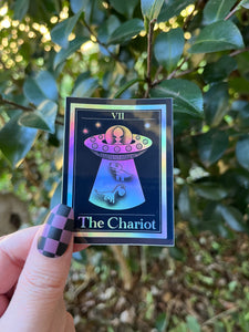 The Chariot Tarot Card Holographic Sticker. Dinosaur Alien Abduction Sticker. UFO Stickers. Dinosaurs. High quality Stickers.