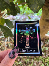 Load image into Gallery viewer, The Tower Tarot Card Holographic Sticker. Alien Totem Pole Sticker. Waterproof Stickers. High quality