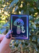 Load image into Gallery viewer, The Hanged Man Tarot Card Holographic Sticker. Mushroom Alien Sticker. Waterproof Stickers. High quality Trippy Stickers.