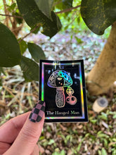 Load image into Gallery viewer, The Hanged Man Tarot Card Holographic Sticker. Mushroom Alien Sticker. Waterproof Stickers. High quality Trippy Stickers.