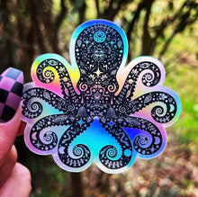 Load image into Gallery viewer, Octopus Holographic Sticker. Sun And Moon Sticker. Witchy Sticker. Gothic Sticker. High quality Trippy Sticker