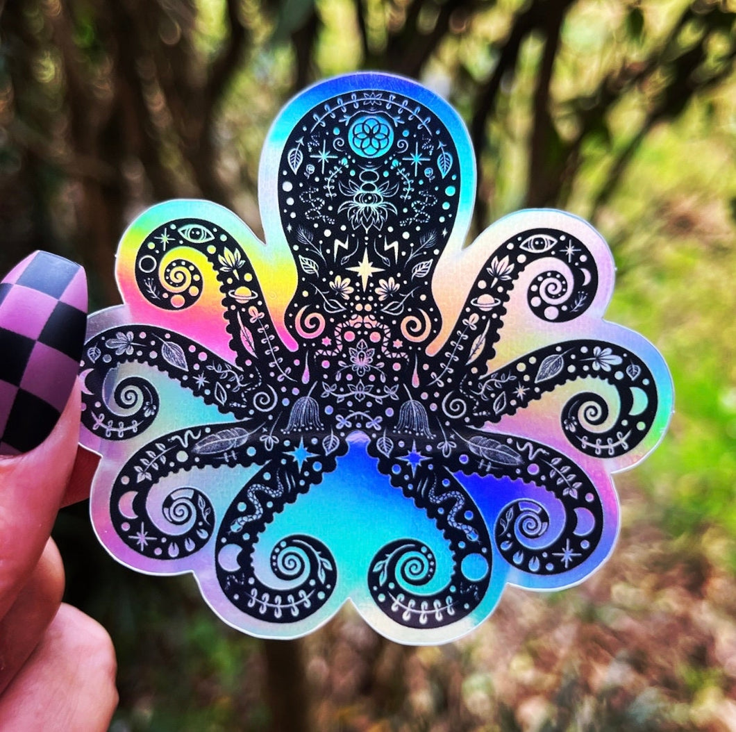 Octopus Holographic Sticker. Sun And Moon Sticker. Witchy Sticker. Gothic Sticker. High quality Trippy Sticker