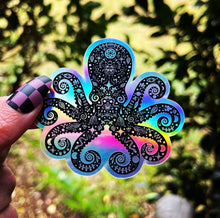 Load image into Gallery viewer, Octopus Holographic Sticker. Sun And Moon Sticker. Witchy Sticker. Gothic Sticker. High quality Trippy Sticker