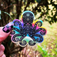 Load image into Gallery viewer, Octopus Holographic Sticker. Sun And Moon Sticker. Witchy Sticker. Gothic Sticker. High quality Trippy Sticker