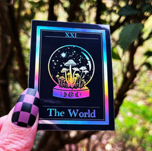 Load image into Gallery viewer, The World Tarot Card Holographic Sticker. Crystal Ball Sticker. Mushroom Sticker. Waterproof Stickers. High quality Laptop Sticker.