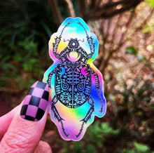 Load image into Gallery viewer, Scarab Beetle Holographic Sticker. Sun And Moon Sticker. Witch Sticker. Laptop Sticker. Goth Sticker. Egyptian Sticker. High quality.