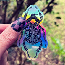 Load image into Gallery viewer, Scarab Beetle Holographic Sticker. Sun And Moon Sticker. Witch Sticker. Laptop Sticker. Goth Sticker. Egyptian Sticker. High quality.