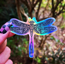 Load image into Gallery viewer, Dragonfly Holographic Sticker. Sun And Moon Sticker. Witchy Sticker. Laptop Sticker. Flask Sticker. High quality Trippy Sticker