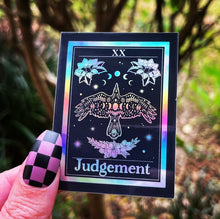 Load image into Gallery viewer, Judgement Tarot Card Holographic Sticker. Crow Sticker. Waterproof Stickers. High quality Trippy Stickers. Laptop Sticker.