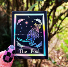 Load image into Gallery viewer, The Fool Tarot Card Holographic Sticker. Rat Sticker. Waterproof Stickers. High quality Stickers. Laptop Sticker.