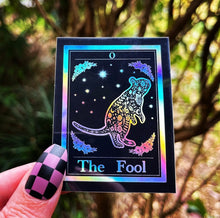 Load image into Gallery viewer, The Fool Tarot Card Holographic Sticker. Rat Sticker. Waterproof Stickers. High quality Stickers. Laptop Sticker.