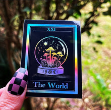 Load image into Gallery viewer, The World Tarot Card Holographic Sticker. Crystal Ball Sticker. Mushroom Sticker. Waterproof Stickers. High quality Laptop Sticker.