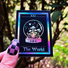 Load image into Gallery viewer, The World Tarot Card Holographic Sticker. Crystal Ball Sticker. Mushroom Sticker. Waterproof Stickers. High quality Laptop Sticker.