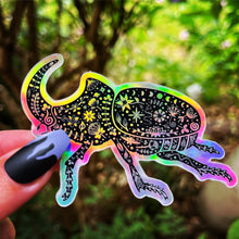 Load image into Gallery viewer, Rhino Beetle Holographic Sticker. Rhinoceros Beetle. Sun And Moon Sticker. Witchy Sticker. Insect Sticker. High quality Beautiful Sticker