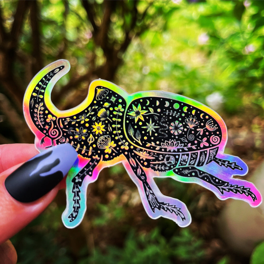 Rhino Beetle Holographic Sticker. Rhinoceros Beetle. Sun And Moon Sticker. Witchy Sticker. Insect Sticker. High quality Beautiful Sticker