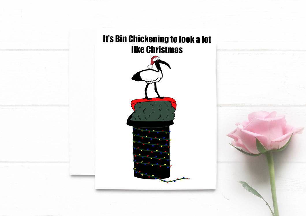 Funny Christmas Cards. Bin Chicken Card. Ibis Bird Greeting Card. Humorous Xmas Card. Aussie Christmas Tradition.