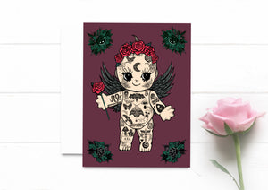 Tattooed Baby Doll Valentines Day Card. Cute Baby With Tattoos. Blank Valentines Day Card With Flowers.