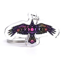 Load image into Gallery viewer, Crow Keyring Keychain. Epoxy Resin Clear Keyring. Glitter Crow. Acrylic Keychain. Beautiful Bird. Double Sided. Sun Moon Star