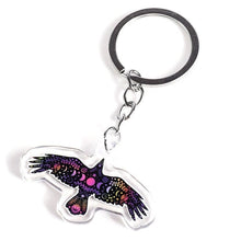 Load image into Gallery viewer, Crow Keyring Keychain. Epoxy Resin Clear Keyring. Glitter Crow. Acrylic Keychain. Beautiful Bird. Double Sided. Sun Moon Star