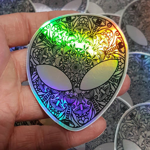 Alien Mushroom Mandala Trippy Sticker. High quality Holographic stickers. Laptop sticker. Flask sticker