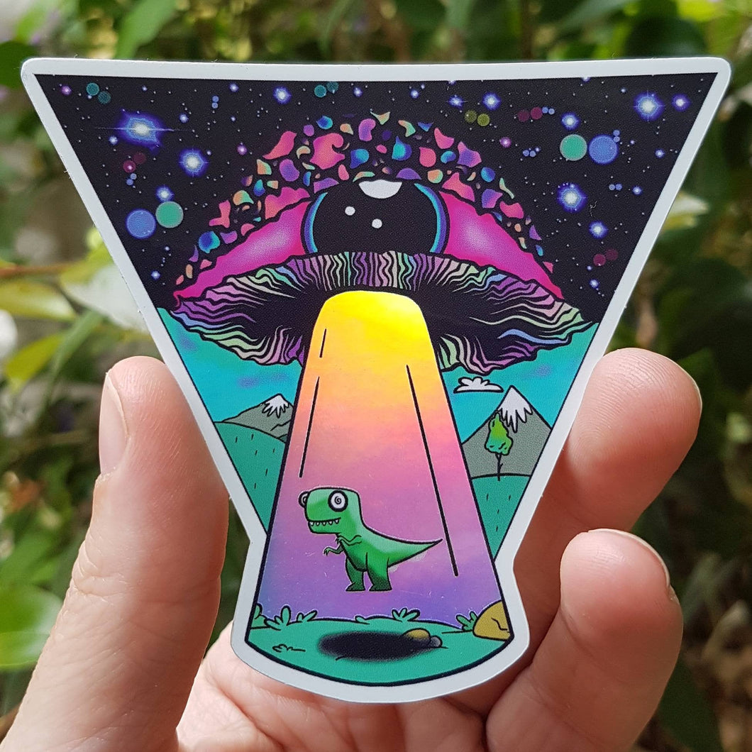 Holographic Alien Mushroom Eyeball Dinosaur Spaceship Abduction sticker. UV indoor / outdoor Stickers - Trippy sticker. Laptop Sticker.