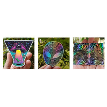 Load image into Gallery viewer, Alien Mushroom Trippy Sticker pack. X3 UV indoor and outdoor Stickers - High quality Holographic stickers. Sticker Bundle