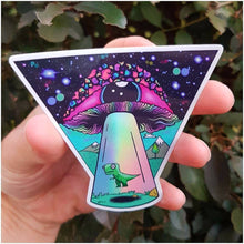 Load image into Gallery viewer, Holographic Alien Mushroom Eyeball Dinosaur Spaceship Abduction sticker. UV indoor / outdoor Stickers - Trippy sticker. Laptop Sticker.