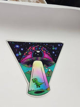 Load image into Gallery viewer, Holographic Alien Mushroom Eyeball Dinosaur Spaceship Abduction sticker. UV indoor / outdoor Stickers - Trippy sticker. Laptop Sticker.