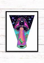 Load image into Gallery viewer, Alien Mushroom Eyeball Dinosaur Spaceship Abduction Print A3, A4, A5 or 4”x6” Trippy art poster