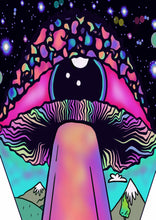 Load image into Gallery viewer, Alien Mushroom Eyeball Dinosaur Spaceship Abduction Print A3, A4, A5 or 4”x6” Trippy art poster