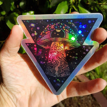 Load image into Gallery viewer, Holographic Mushroom Alien Sticker. Mushroom Eyeball Spaceship Trippy Sticker. UV indoor / outdoor Stickers - Laptop sticker. Flask sticker