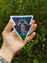 Load image into Gallery viewer, Holographic Mushroom Alien Sticker. Mushroom Eyeball Spaceship Trippy Sticker. UV indoor / outdoor Stickers - Laptop sticker. Flask sticker