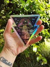 Load image into Gallery viewer, Holographic Mushroom Alien Sticker. Mushroom Eyeball Spaceship Trippy Sticker. UV indoor / outdoor Stickers - Laptop sticker. Flask sticker