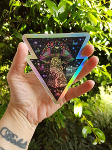 Holographic Mushroom Alien Sticker. Mushroom Eyeball Spaceship Trippy Sticker. UV indoor / outdoor Stickers - Laptop sticker. Flask sticker