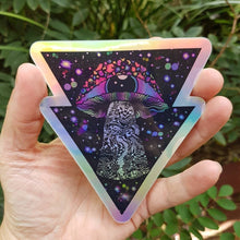 Load image into Gallery viewer, Holographic Mushroom Alien Sticker. Mushroom Eyeball Spaceship Trippy Sticker. UV indoor / outdoor Stickers - Laptop sticker. Flask sticker