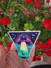 Load image into Gallery viewer, Holographic Alien Mushroom Eyeball Dinosaur Spaceship Abduction sticker. UV indoor / outdoor Stickers - Trippy sticker. Laptop Sticker.