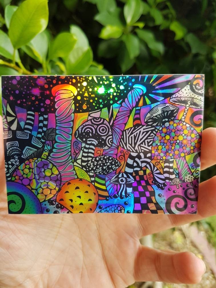 Holographic Mushroom Trippy Sticker. Psychedelic sticker indoor / outdoor Stickers - High quality Holographic stickers. Laptop Sticker.